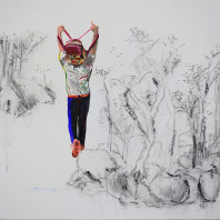 2015 street people and 1612 Dong Quchong landscape Mixed media on canvas (Acrylic colour, Chinese ink, charcoal) 40x40cm, 2015